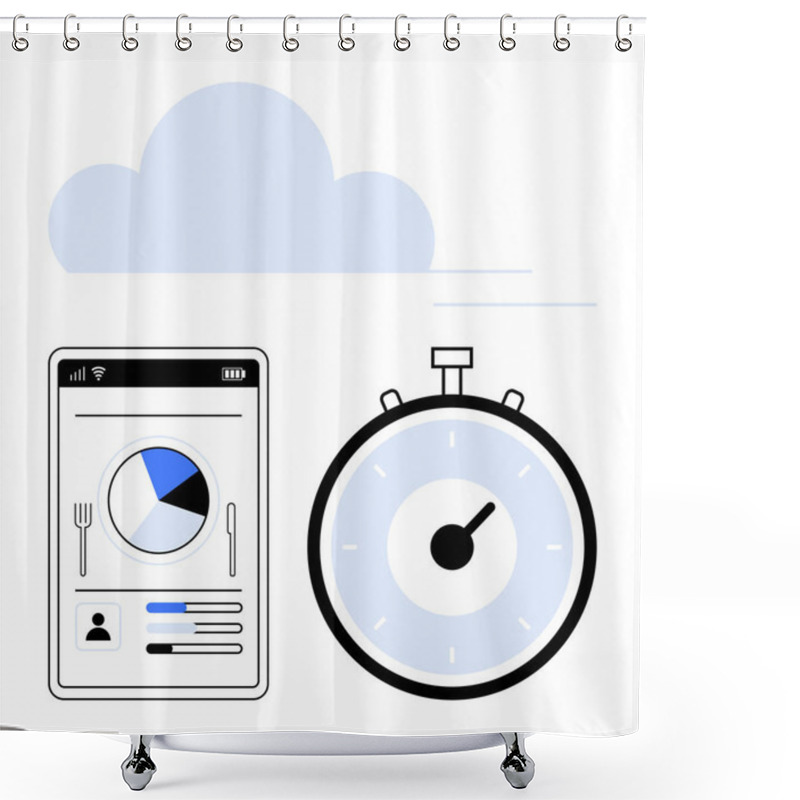 Personality  Mobile Device With Pie Chart User Data Stopwatch And Cloud. Ideal For Health, Fitness, Time Management, Productivity, Technology, Diet Tracking, Routine Planning. Line Metaphor Shower Curtains