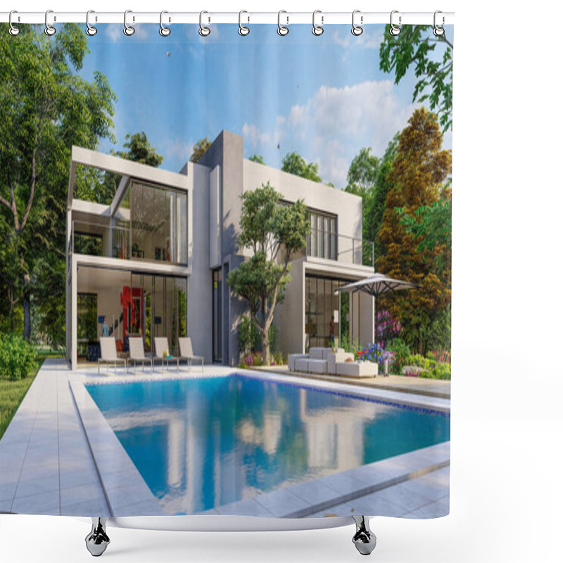 Personality  3D Rendering Of A Big Contemporary Villa With Impressive Garden And Pool, External View Overlooking The Living Room Shower Curtains