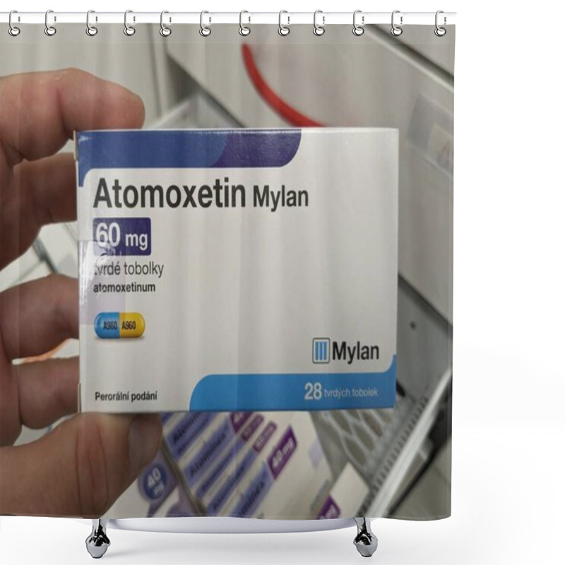 Personality  Prague, Czech Republic - July 9 2024: Atomoxetin Mylan Box Of Medication With Atomoxetine Active Substance By Mylan, Used For Treatment Of ADHD, Attention Deficit Hyperactivity Disorder, Impulse Contr Shower Curtains