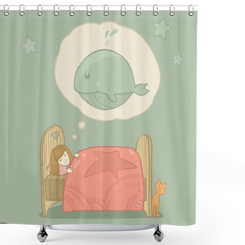 Personality  Cute Girl Sleeping In Her Bed And See Whale In Her Dreams. Vector Illustration Shower Curtains