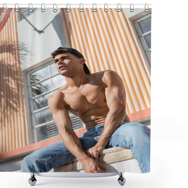 Personality  Low Angle View Of Relaxed Shirtless Cuban Man With Muscular Body Near Blurred Building In Miami  Shower Curtains