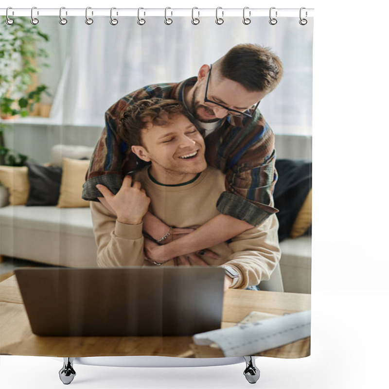 Personality  A Man Embraces His Partner As The Latter Works On A Laptop In A Trendy Designer Workshop. Shower Curtains