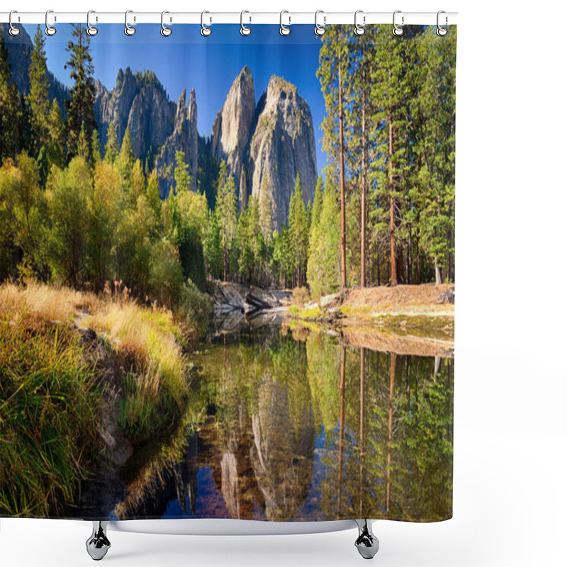 Personality  Cathedral Rocks, Reflect On Merced River, Yosemite Valley, Yosemite NP,  California, USA Shower Curtains