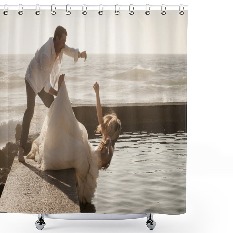 Personality  Groom Pushing Bride In Water Shower Curtains