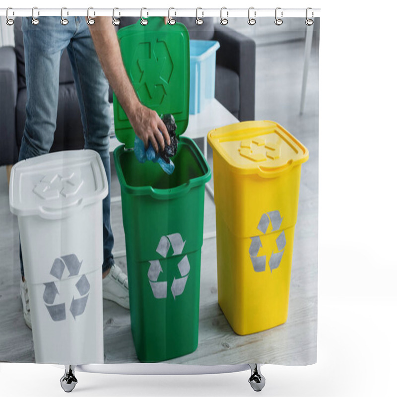 Personality  Cropped View Of Man Putting Plastic Bags In Trash Bin With Recycle Sign At Home  Shower Curtains