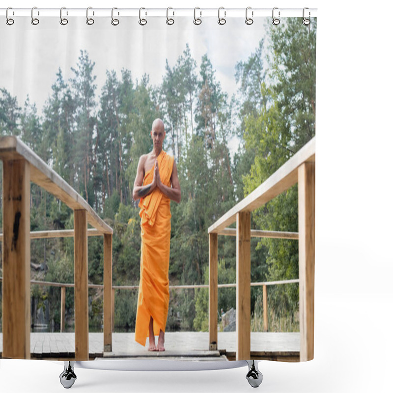 Personality  Full Length View Of Buddhist Monk Praying On Wooden Platform In Forest Shower Curtains