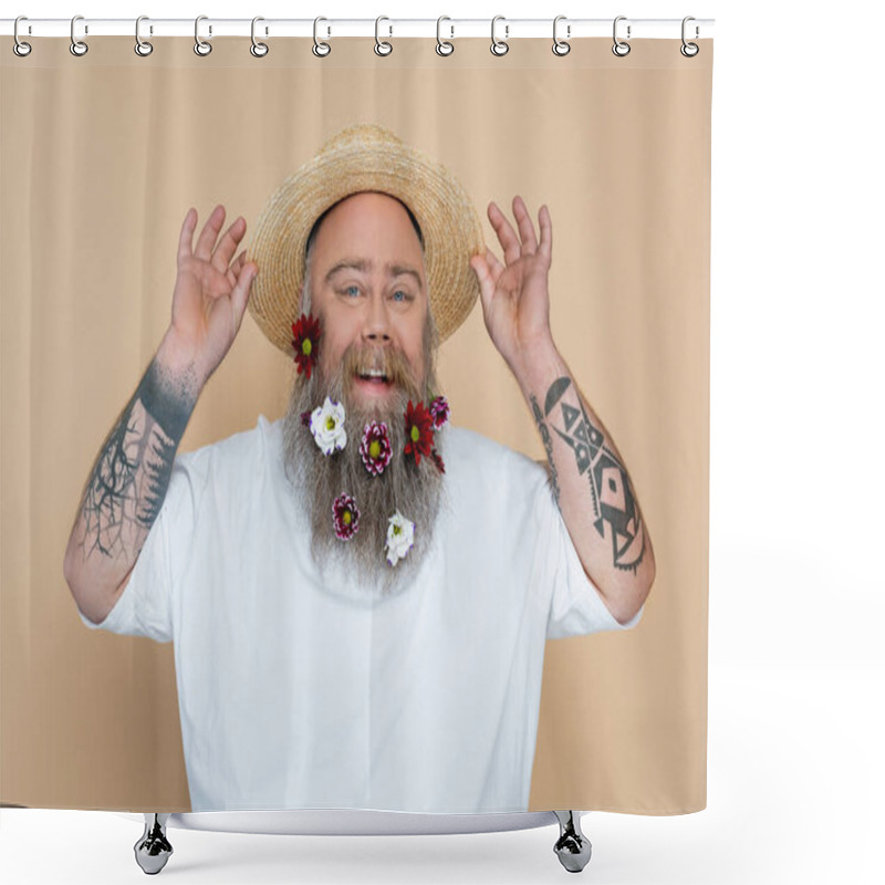 Personality  Tattooed Overweight Man With Decorated Beard Adjusting Straw Hat And Smiling At Camera Isolated On Beige Shower Curtains