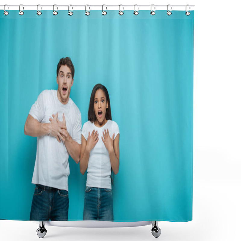 Personality  Scared Interracial Couple Touching Chests While Looking At Camera On Blue Background Shower Curtains