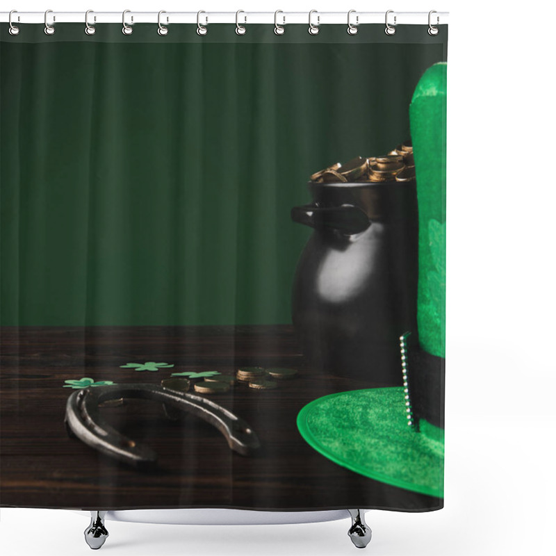 Personality  Golden Coins, Horseshoe And Green Hat On Wooden Table, St Patricks Day Concept Shower Curtains