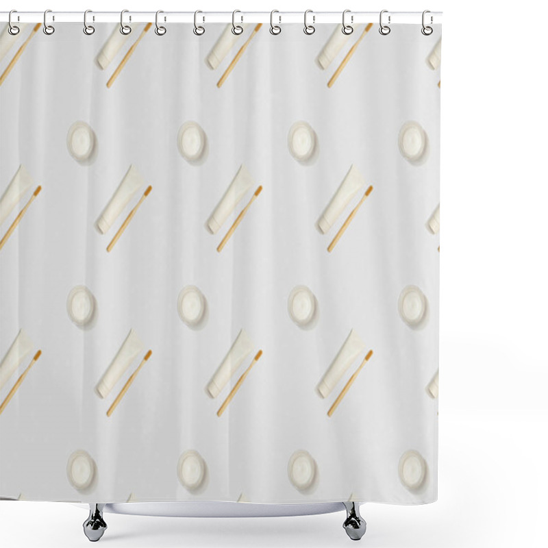 Personality  Diagonally Located Bamboo Toothbrushes, Toothpaste In Tubes And Cosmetic Cream On Grey Background, Seamless Background Pattern Shower Curtains