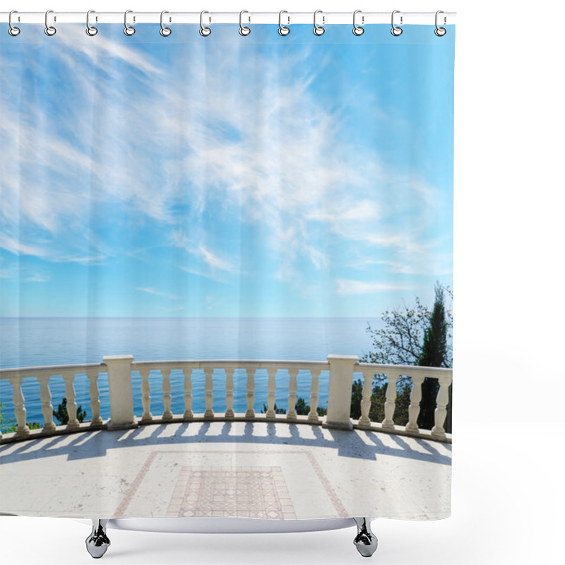 Personality  View To The Sea From A Balcony Under Cloudy Sky Shower Curtains