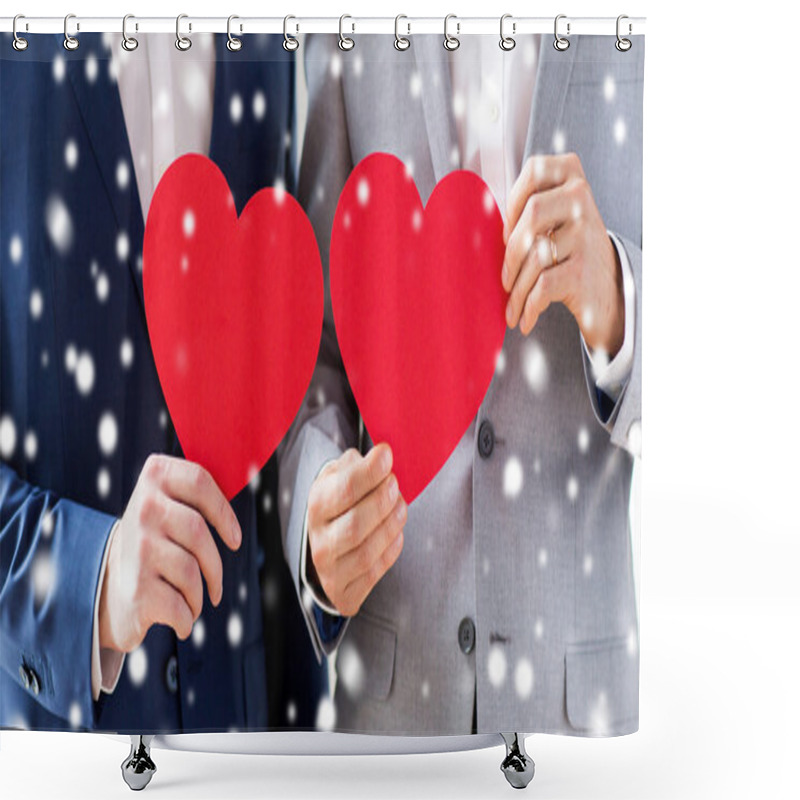 Personality  Close Up Of Male Gay Couple Holding Red Hearts Shower Curtains