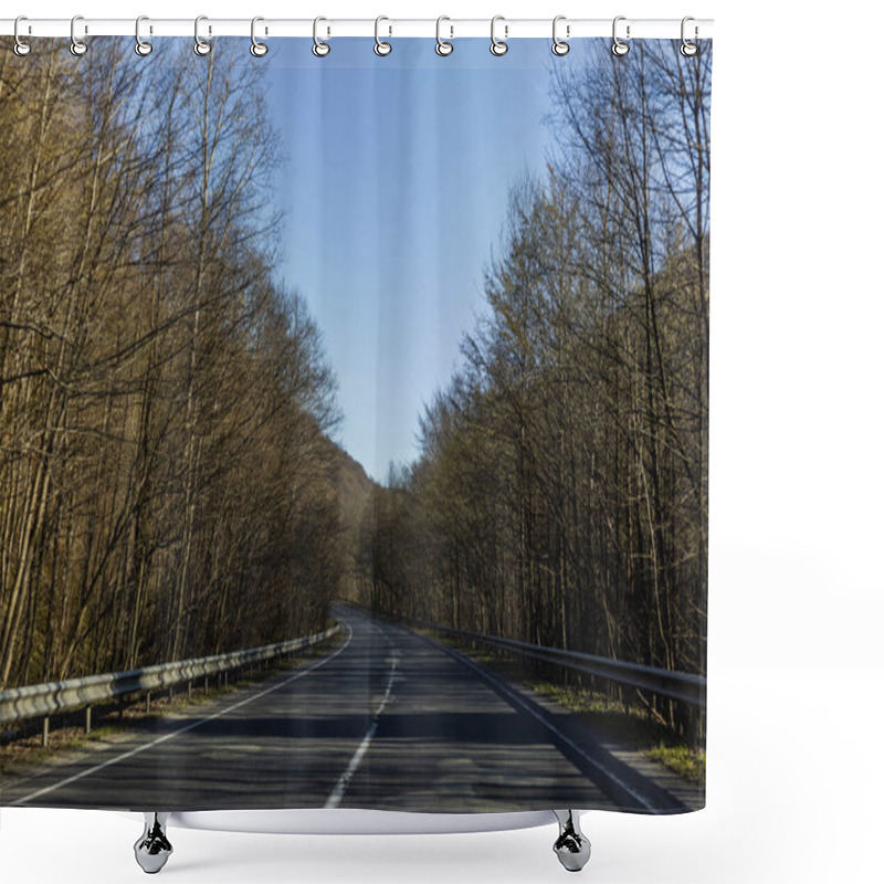 Personality  Blue Sky Above Empty Road Between Forest  Shower Curtains