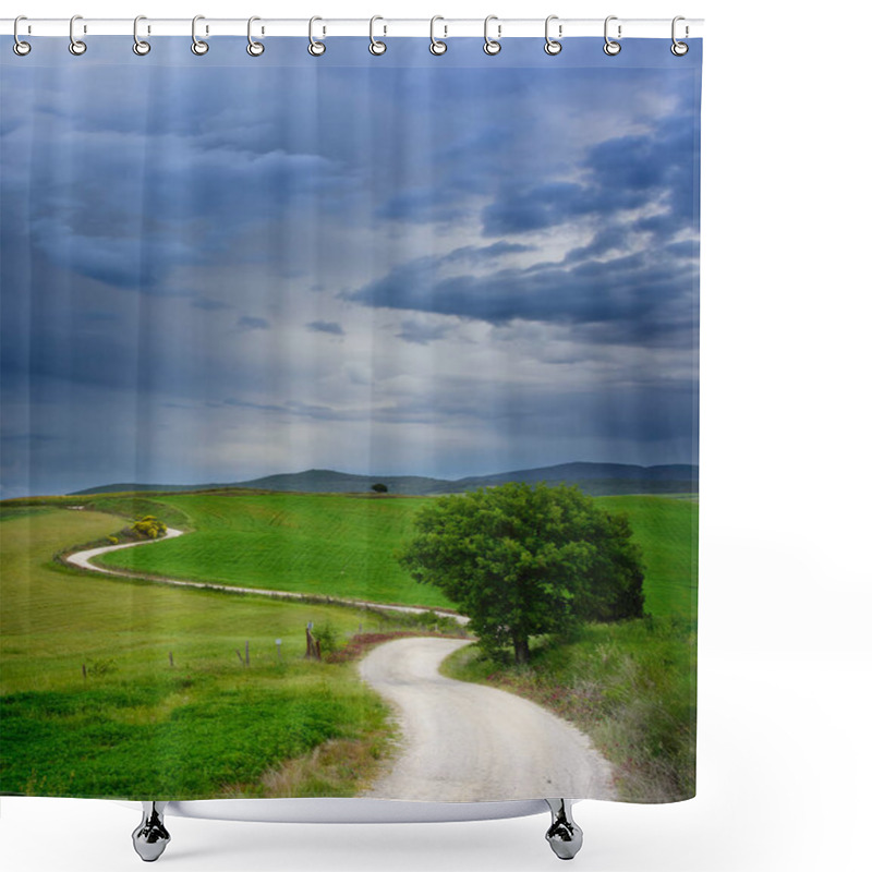 Personality  A Winding Strada Bianca Dirt Road With Many Curves Through The Green Fields In A Landscape In Tuscany With A Tree Along The Path And Beautiful Clouds In The Sky Leading To A Destination In The Distance In Italy. Shower Curtains