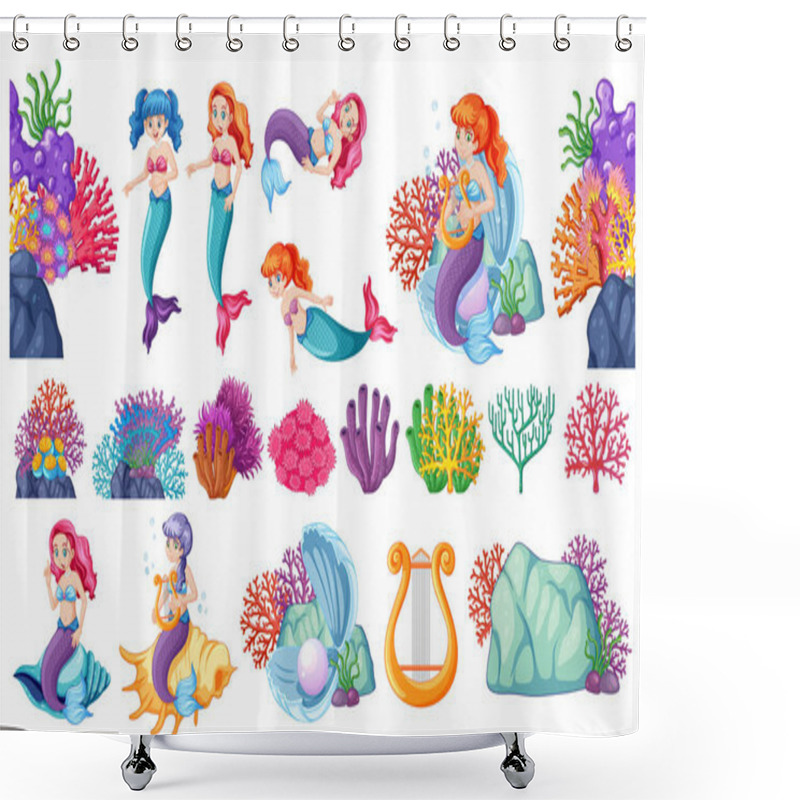 Personality  Set Of Cute Mermaids And Corals Cartoon Character Cartoon Style On White Background Illustration Shower Curtains