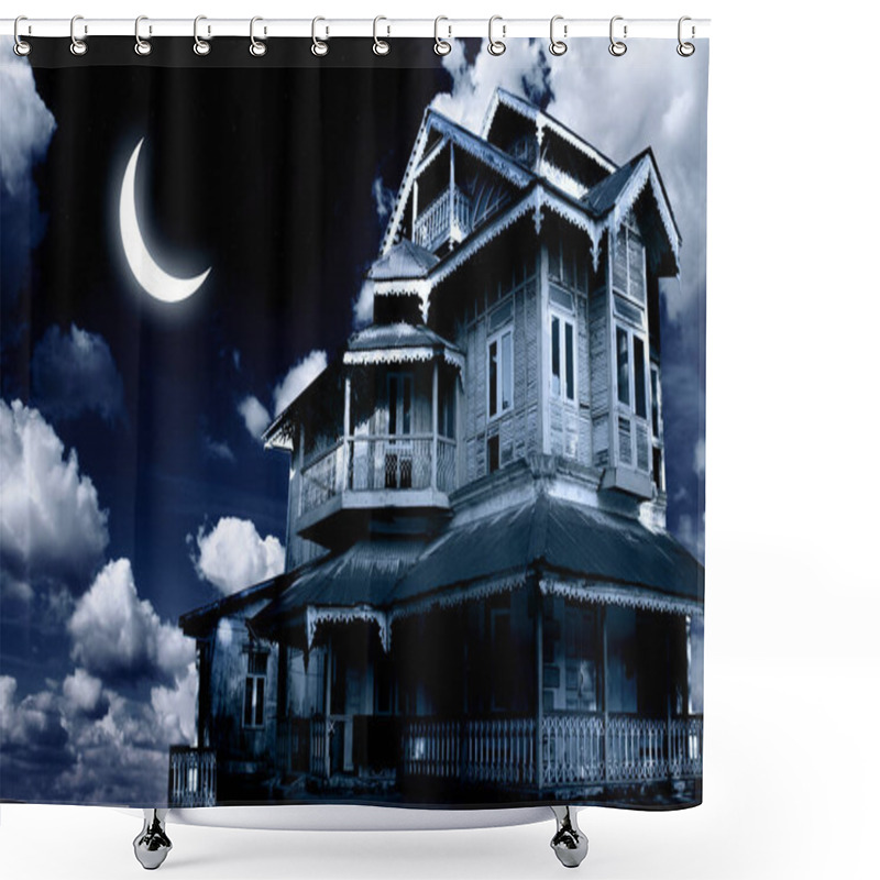 Personality  Haunted House. Old Abandoned House On Night Sky Background. Scary Colonial Cottage In Mysterious Landscape. Photo Toned In Blue Color Shower Curtains