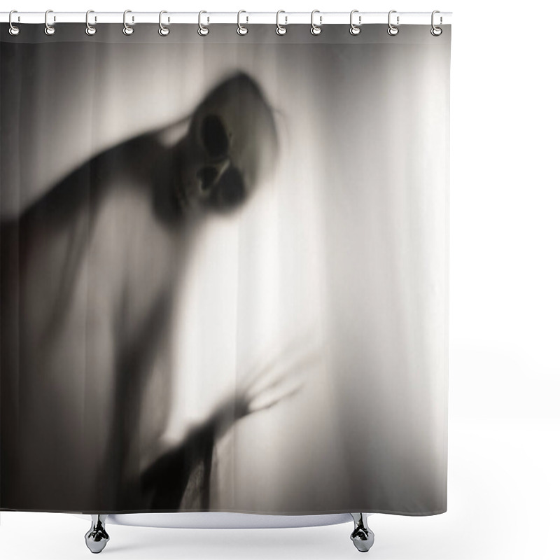 Personality  Horror Skeleton Or Grim Reaper Behind The Matte Glass. Halloween Festival Concept.Blurred Picture Shower Curtains