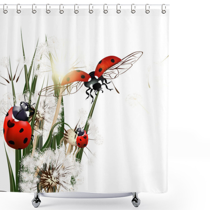 Personality  Background With Vector Green Grass, Dandelions And Ladybirds Shower Curtains