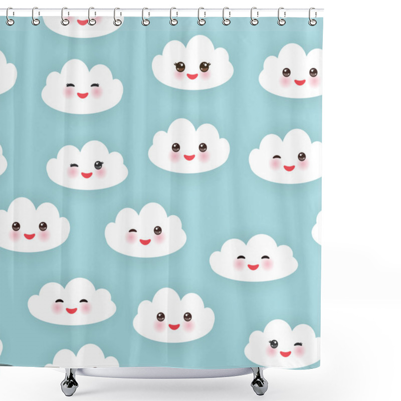 Personality  Kawaii Funny White Clouds Set, Muzzle With Pink Cheeks And Winking Eyes. Seamless Pattern  On Blue Background. Vector Shower Curtains