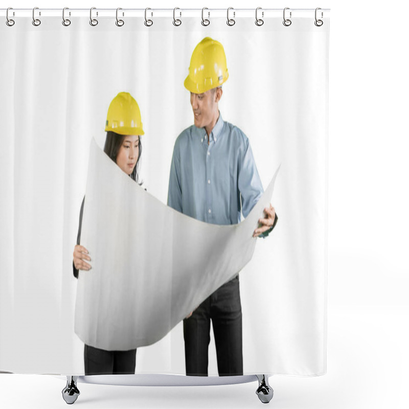 Personality  Engineers Collaborating With Blueprint On Construction Project Shower Curtains