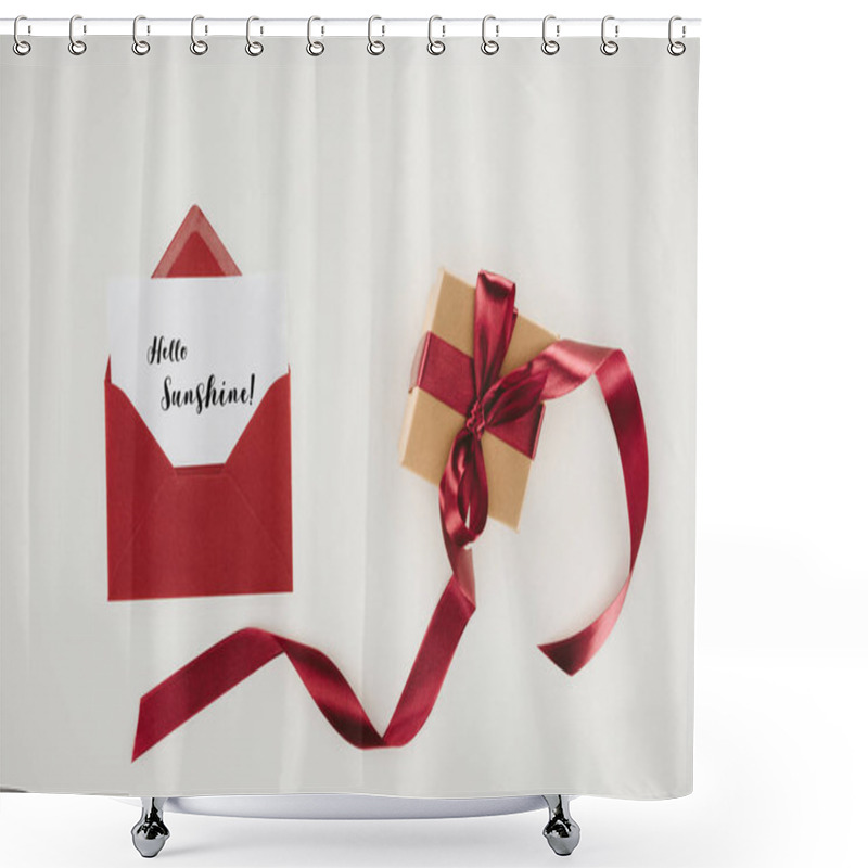 Personality  Top View Of Red Envelope With Hello Sunshine Lettering On Paper And Gift Box Isolated On White Shower Curtains