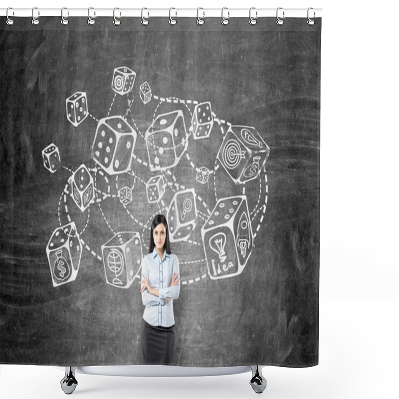 Personality  Businesswoman Against Chalkboard With Dice Shower Curtains