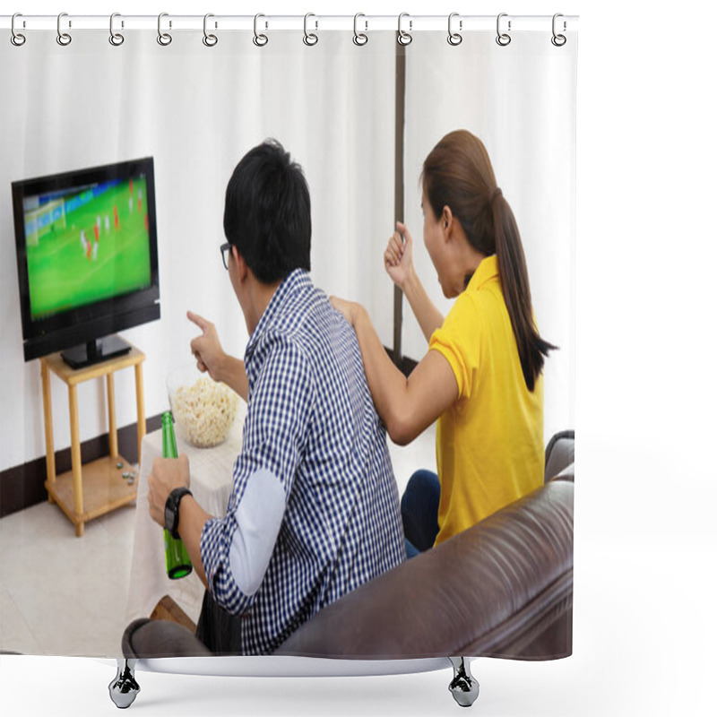 Personality  Man And Woman Watch Football Match On Tv Broadcast Program Cheer And Existing Together In Family Shower Curtains