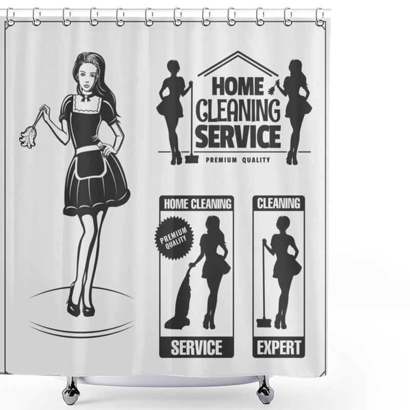 Personality  Set Of Cleaning Service Emblems With Beautiful Young Maid. Clining Badges, Labels And Design Elements. Vintage Style. Shower Curtains