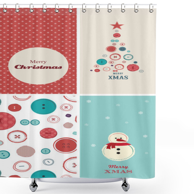 Personality  Four Christmas Cards With Creative Christmas Tree Made Of Buttons Shower Curtains