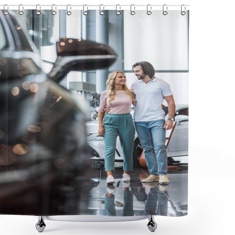 Personality  Young Couple Choosing Automobile At Dealership Salon Shower Curtains