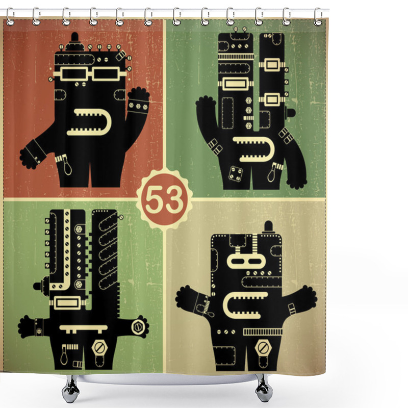 Personality  Set Of Four Monsters At Retro Grunge Background Shower Curtains