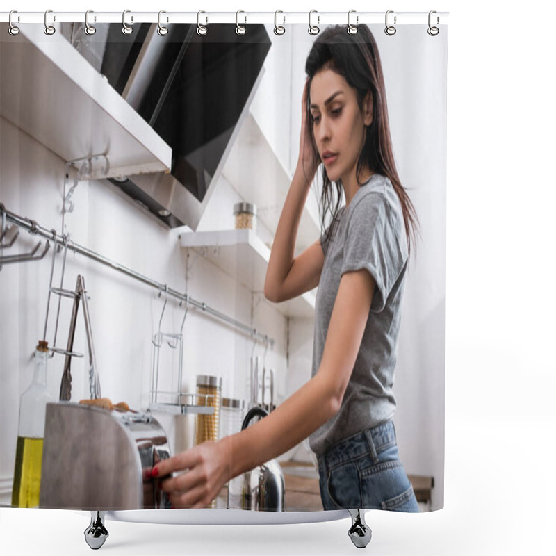 Personality  Woman With Bruise On Face Touching Toaster In Kitchen, Domestic Violence Concept  Shower Curtains