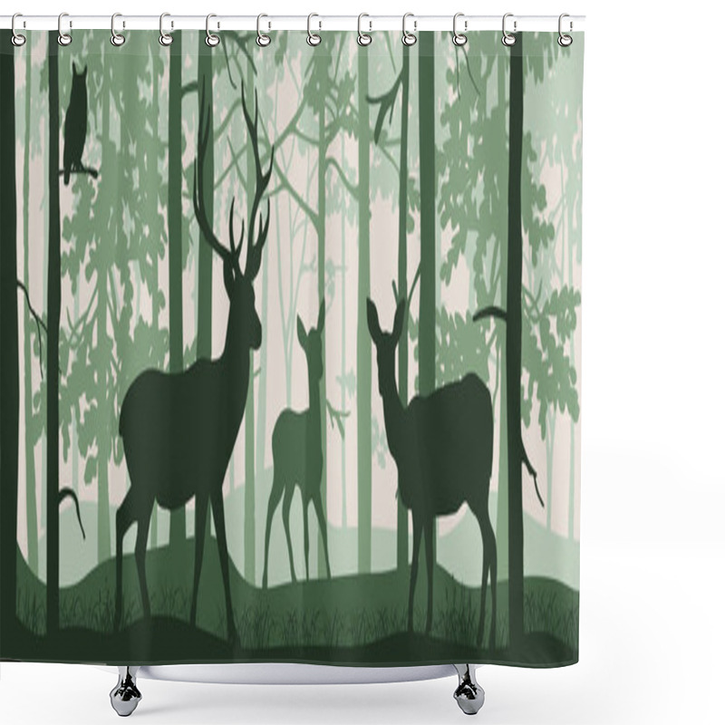 Personality  Horizontal Banner Of Forest Landscape. Deer With Doe And Fawn In Magic Misty Forest. Squirrel On Branch. Silhouettes Of Trees And Animals. Green Background, Illustration. Bookmark. Shower Curtains