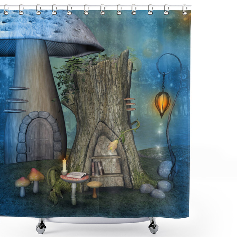 Personality  Enchanted Old Trunk With A Bookshelf In The Fairy Village, 3D Illustration Shower Curtains