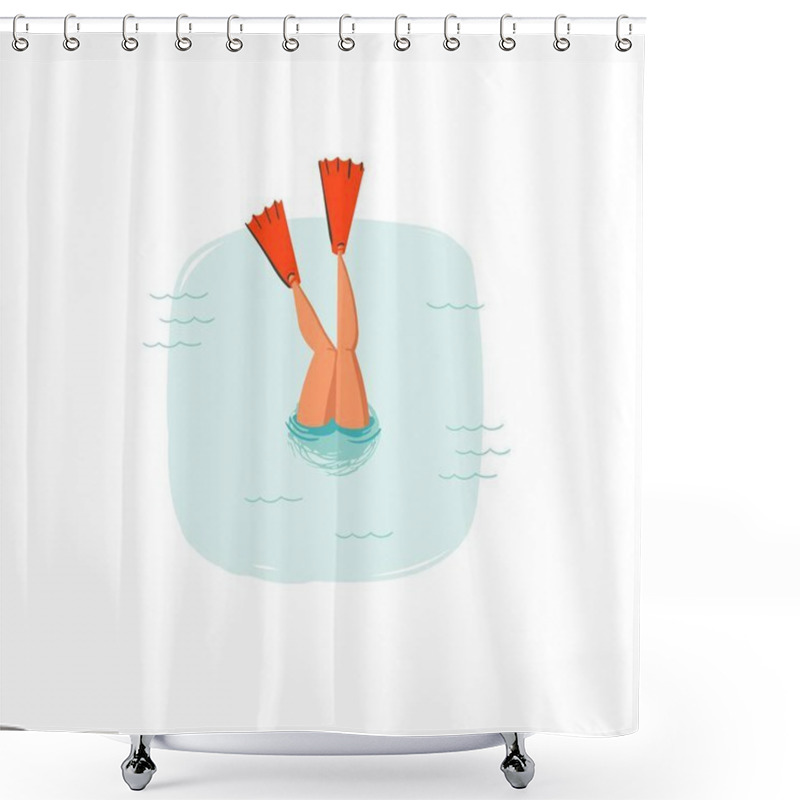 Personality  Hand Drawn Vector Abstract Cartoon Summer Time Fun Illustrations Icon With Swimming Diving Girl In Blue Ocean Waves Isolated On White Background Shower Curtains