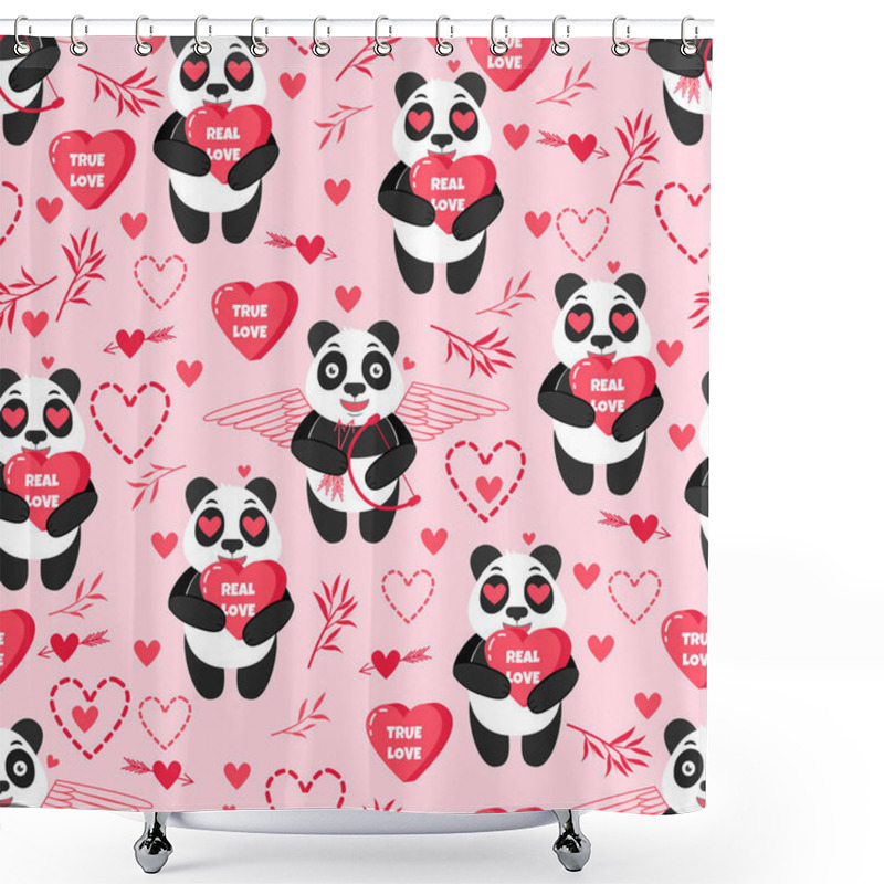 Personality  Pink Background With Arrows, Hearts, Love, Panda And Bamboo. Seamless Pattern With Holiday Design Elements. Happy Valentine's Day. Lovely Animal.  Shower Curtains