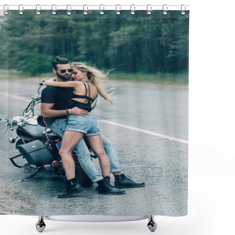 Personality  Young Sexy Couple Of Motorcyclists Hugging Near Black Motorcycle On Road Near Green Forest Shower Curtains