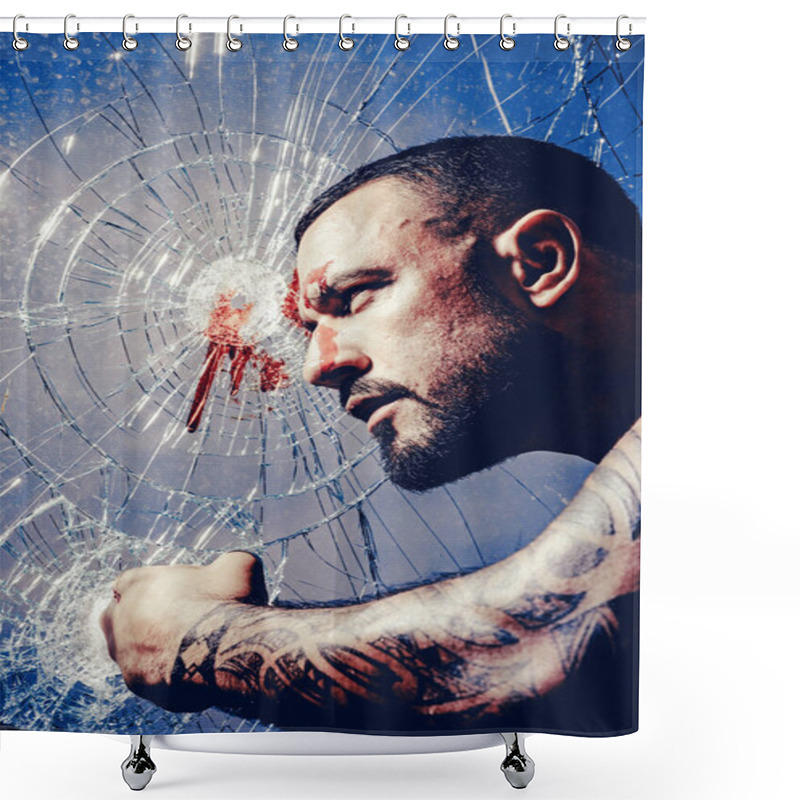 Personality  Men In A Fight. Man With Muscular Body Punching. Men Fashion Brutal Models. Handsome Brutal Man On Gray Background. Muscular Athletic Sexy Male With Naked Torso. Shower Curtains