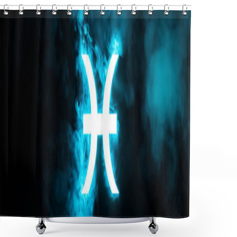 Personality  Blue Illuminated Pisces Zodiac Sign With Smoke On Background, Panoramic Shot Shower Curtains