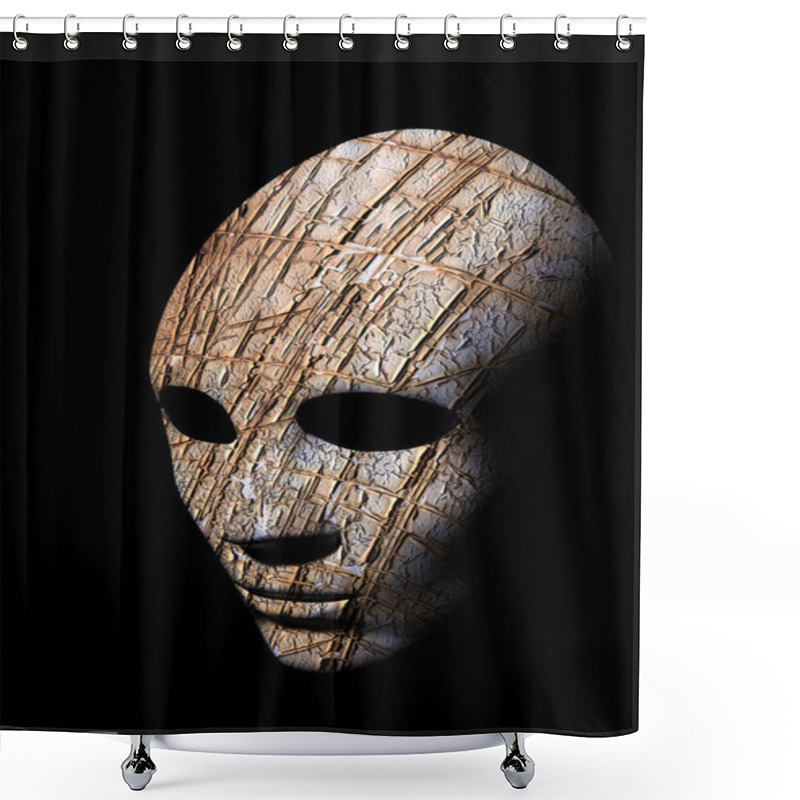 Personality  Textured Mask With Cracked Rough Wood  Painted Surface, Neutral Expression On Dark Background. Shower Curtains