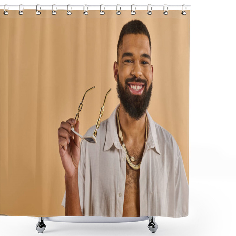 Personality  A Man With A Full Beard Is Holding A Pair Of Glasses In His Hand, Showcasing A Sense Of Wisdom And Sophistication. Shower Curtains