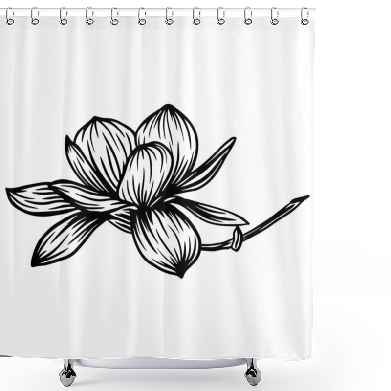 Personality  Trendy Doodle Illustration With Black Magnolia Outline. Spring Flower Hand Drawn Vector Illustration. Black And White With Line Art On White Backgrounds Shower Curtains