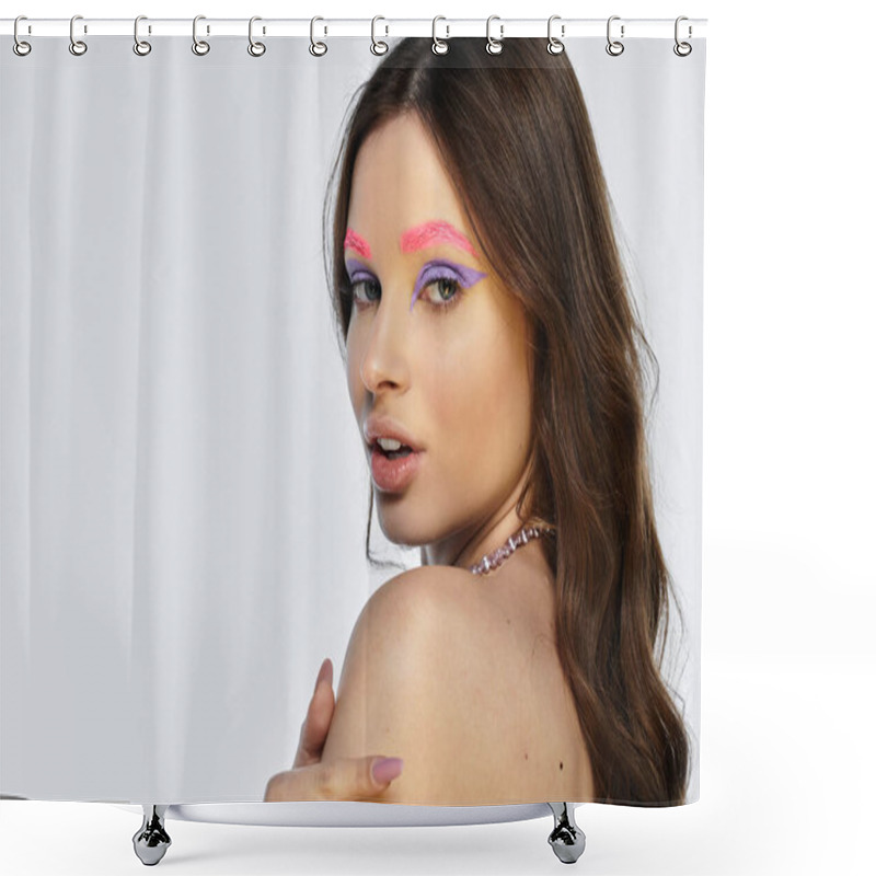 Personality  Pretty Young Woman Showcases Her Striking Makeup Artistry With Bold Eyeshadow And Dyed Brows. Shower Curtains