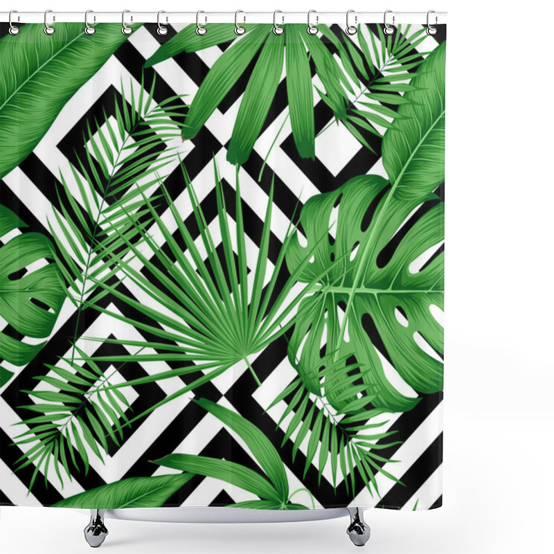 Personality  Exotic Vector Seamless Pattern With Tropical Leaves On A Geometric Background Shower Curtains