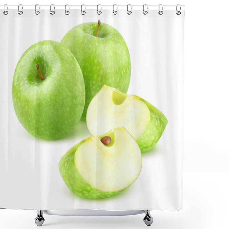 Personality  Isolated Green Apples. Two Whole Granny Smith Apples And Two Wedges Isolated On White Background Shower Curtains