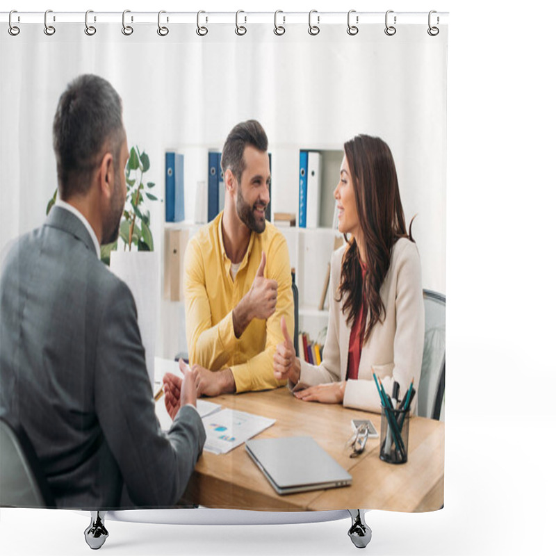 Personality  Investors Sitting At Table And Thumbing Ups Near Advisor In Office Shower Curtains