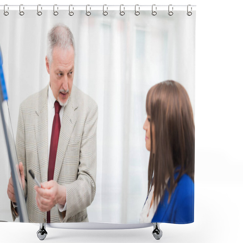 Personality  Senior Businessman Explaining To Businesswoman Shower Curtains