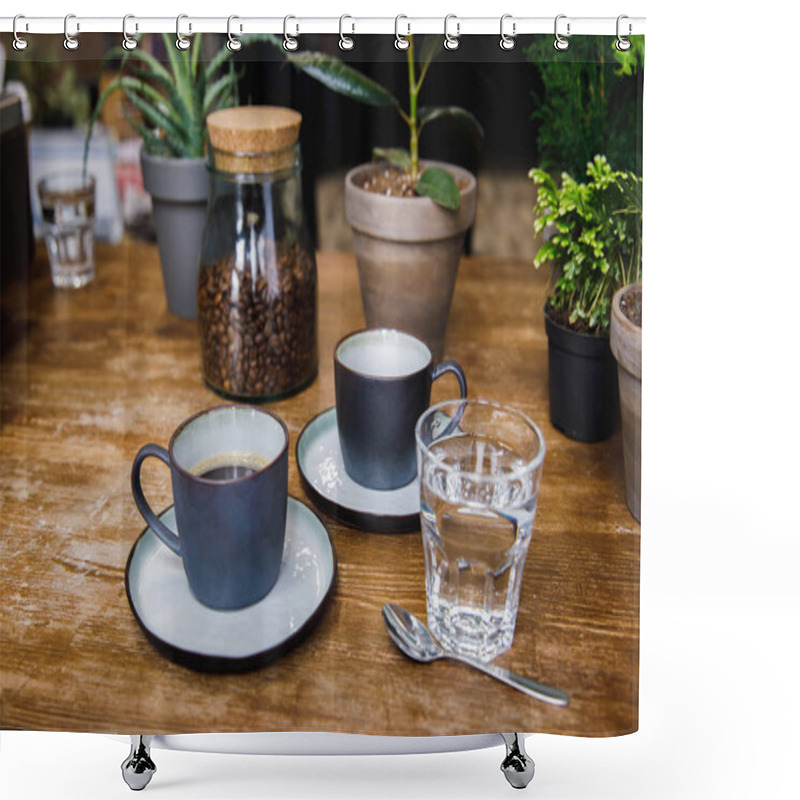 Personality  Cups Of Coffee And Glass Of Water On Table In Cozy Coffee Shop Shower Curtains