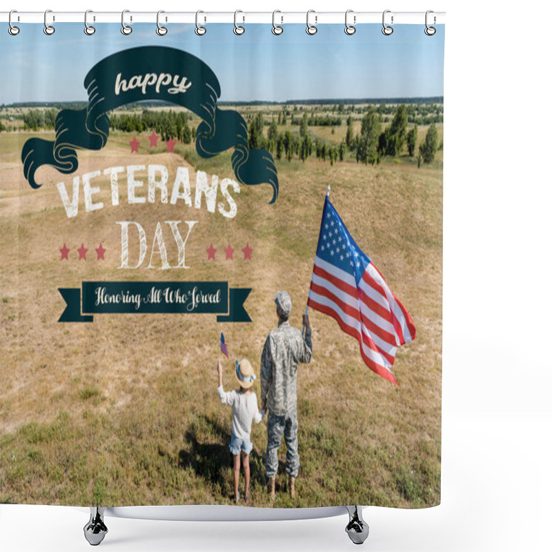 Personality  Military Man And Patriotic Kid Holding American Flags With Happy Veterans Day, Honoring All Who Served Illustration Shower Curtains