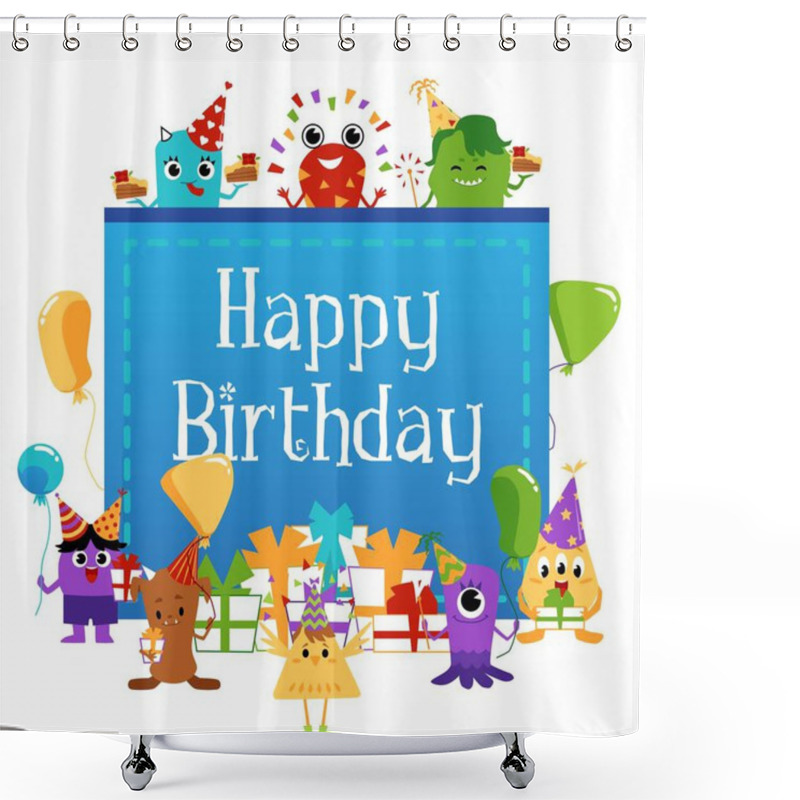 Personality  Happy Birthday Greeting Card With Happy Cartoon Monsters With Balloons And Gifts Shower Curtains